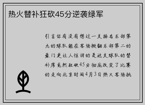 热火替补狂砍45分逆袭绿军
