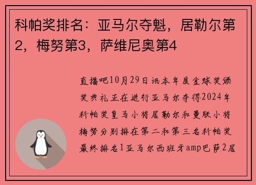 科帕奖排名：亚马尔夺魁，居勒尔第2，梅努第3，萨维尼奥第4