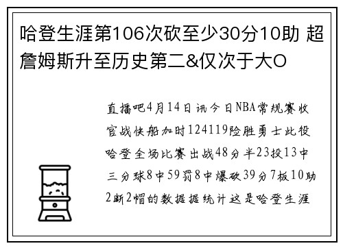 哈登生涯第106次砍至少30分10助 超詹姆斯升至历史第二&仅次于大O