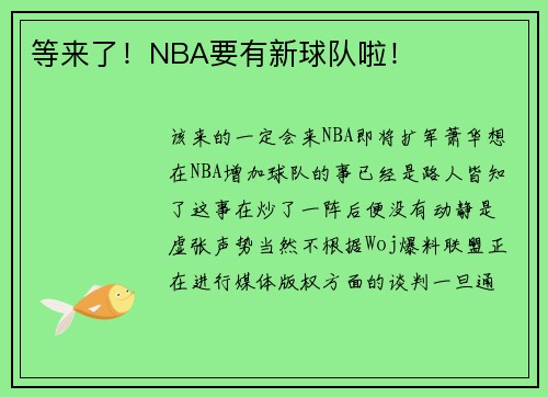 等来了！NBA要有新球队啦！